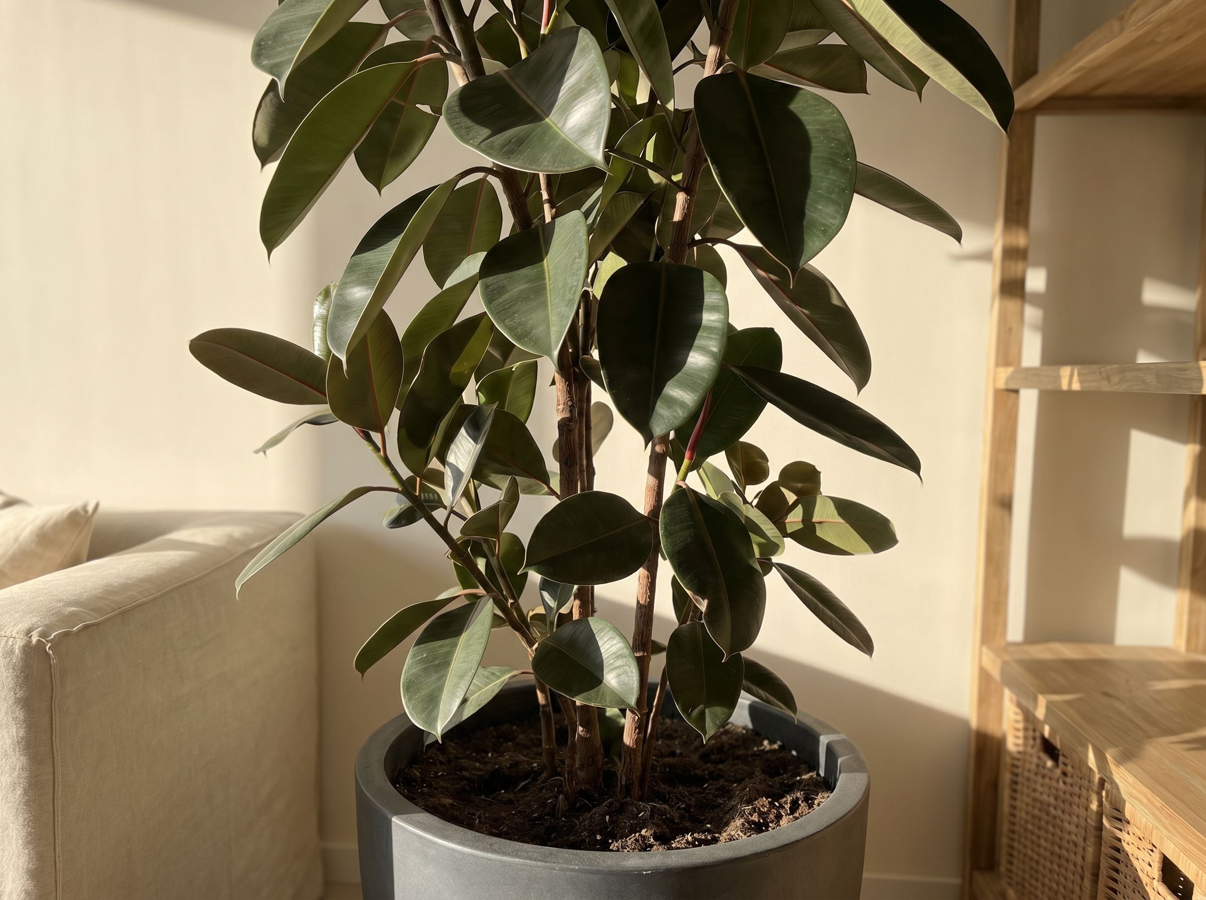 Ficus Elastica Burgundy bladstructuur close-up